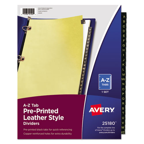 Preprinted Black Leather Tab Dividers w/Copper Reinforced Holes, 25-Tab, A to Z, 11 x 8.5, Buff, 1 Set-(AVE25180)