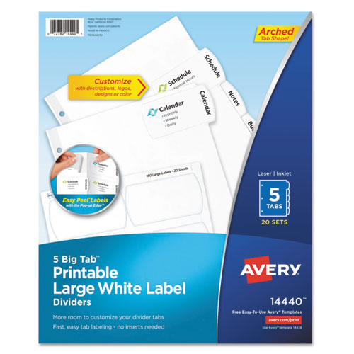 Big Tab Printable Large White Label Tab Dividers, 5-Tab, 11 x 8.5, White, 20 Sets-(AVE14440)