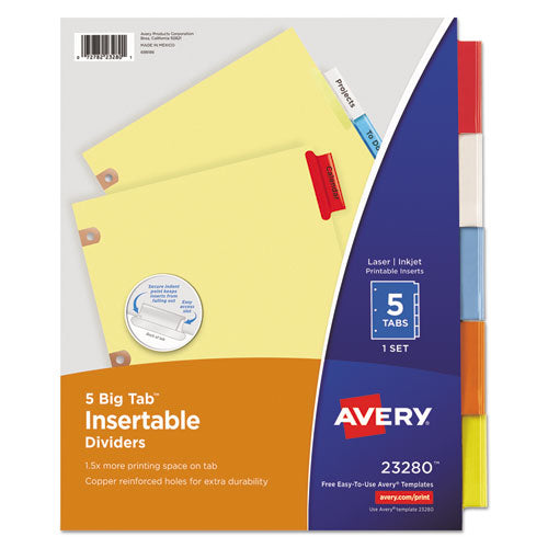 Insertable Big Tab Dividers, 5-Tab, Single-Sided Copper Edge Reinforcing, 11 x 8.5, Buff, Assorted Tabs, 1 Set-(AVE23280)