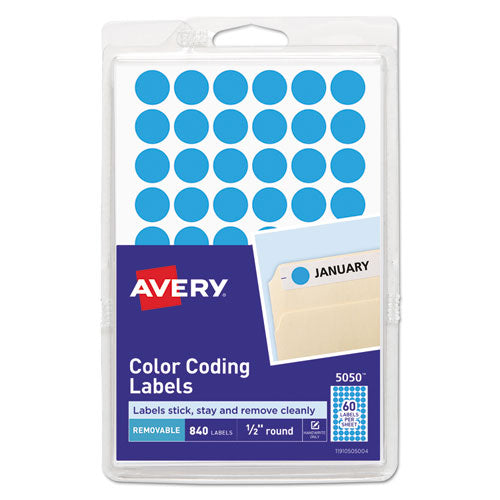 Handwrite Only Self-Adhesive Removable Round Color-Coding Labels, 0.5" dia, Light Blue, 60/Sheet, 14 Sheets/Pack, (5050)-(AVE05050)
