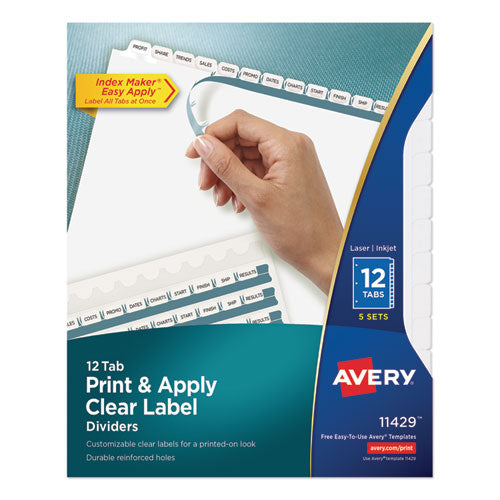 Print and Apply Index Maker Clear Label Dividers, 12-Tab, White Tabs, 11 x 8.5, White, 5 Sets-(AVE11429)