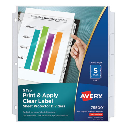 Print and Apply Index Maker Clear Label Sheet Protector Dividers with White Tabs, 5-Tab, 11 x 8.5, White, 1 Set-(AVE75500)