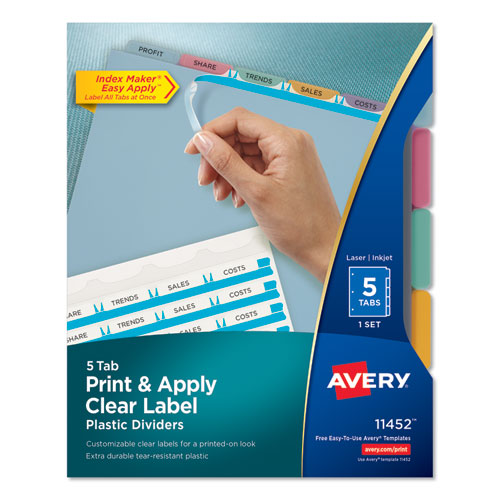 Print and Apply Index Maker Clear Label Plastic Dividers with Printable Label Strip, 5-Tab, 11 x 8.5, Assorted Tabs, 1 Set-(AVE11452)