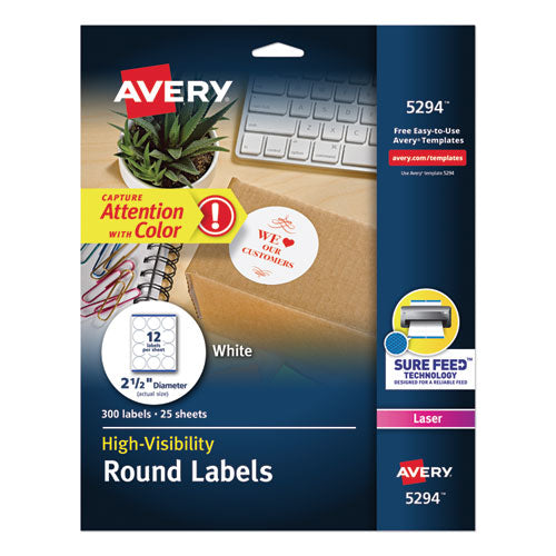 Permanent Laser Print-to-the-Edge ID Labels w/SureFeed, 2 1/2"dia, White, 300/PK-(AVE5294)