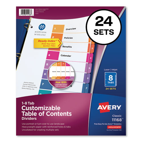 Customizable TOC Ready Index Multicolor Tab Dividers, Uncollated, 8-Tab, 1 to 8, 11 x 8.5, White, 24 Sets-(AVE11168)