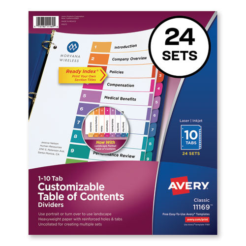 Customizable TOC Ready Index Multicolor Tab Dividers, Uncollated, 10-Tab, 1 to 10, 11 x 8.5, White, 24 Sets-(AVE11169)