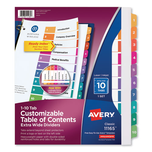 Customizable TOC Ready Index Multicolor Tab Dividers, Extra Wide Tabs, 10-Tab, 1 to 10, 11 x 9.25, White, 1 Set-(AVE11165)