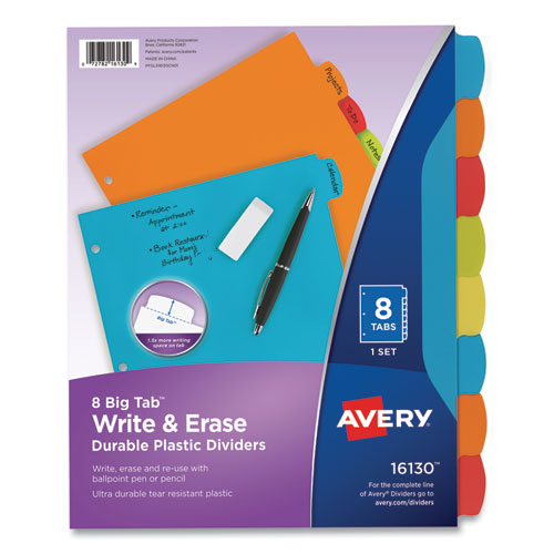 Big Tab Write and Erase Durable Plastic Dividers, 8-Tab, 11 x 8.5, Assorted, 1 Set-(AVE16130)