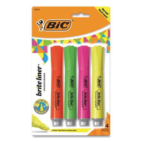 Brite Liner Tank-Style Highlighter, Assorted Ink Colors, Chisel Tip, Assorted Barrel Colors, 4/Set-(BICBLMGP41ASST)