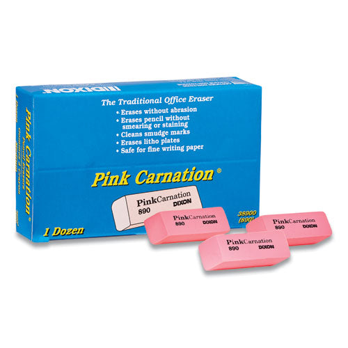 Pink Carnation Erasers, For Pencil Marks, Rectangular Block, Medium, Pink, Dozen-(DIX38900)