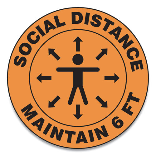 Slip-Gard Social Distance Floor Signs, 17" Circle, "Social Distance Maintain 6 ft", Human/Arrows, Orange, 25/Pack-(GN1MFS382ESP)