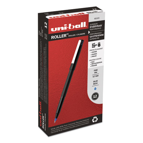 Roller Ball Pen, Stick, Fine 0.7 mm, Blue Ink, Black Matte Barrel, Dozen-(UBC60103)