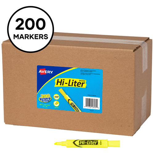 HI-LITER Desk-Style Highlighters, Fluorescent Yellow Ink, Chisel Tip, Yellow/Black Barrel, 200/Box-(AVE24130)