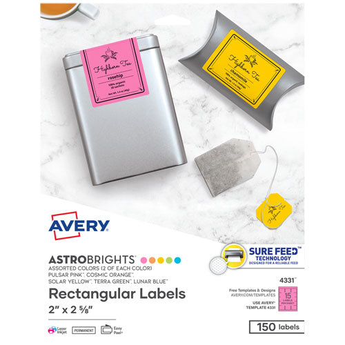 Printable Color Labels with Sure Feed and Easy Peel, 2 x 2.63, Assorted Colors, 15/Sheet, 10 Sheets/Pack-(AVE4331)