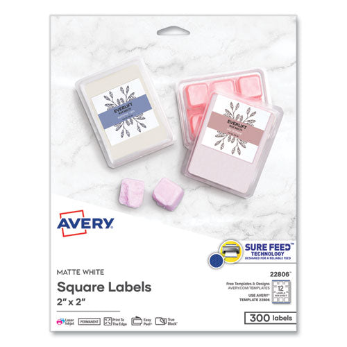 Square Labels with Sure Feed and TrueBlock, 2 x 2, White, 300/Pack-(AVE22806)