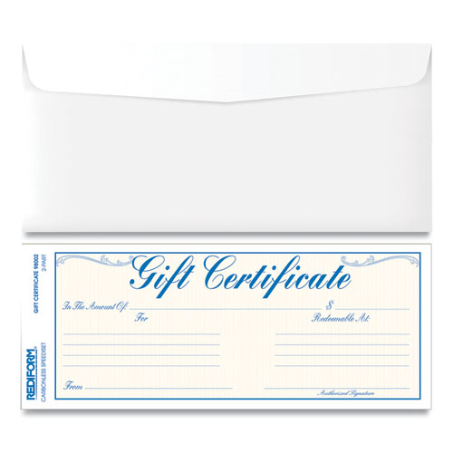 Gift Certificates with Envelopes, 8.5 x 3.67, Blue/Gold with Blue Border, 25/Pack-(RED98002)