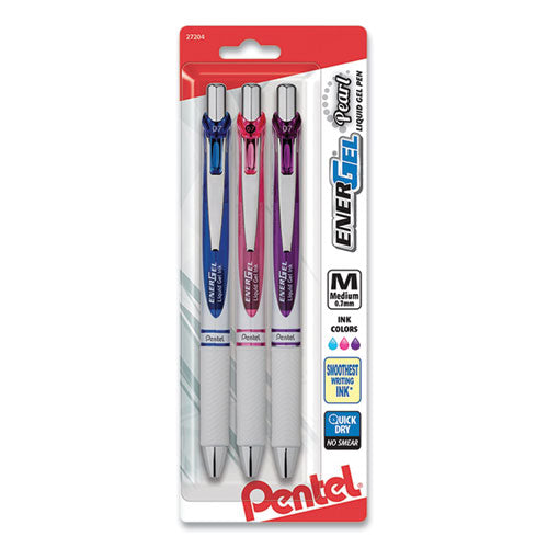 EnerGel Pearl Gel Pen, Retractable, Medium 0.7 mm, Assorted Ink and Barrel, 3/Pack-(PENBL77WBPS3M2)