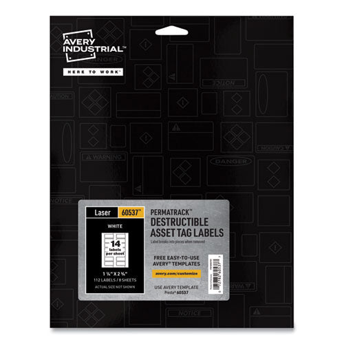 PermaTrack Destructible Asset Tag Labels, Laser Printers, 1.25 x 2.75, White, 14/Sheet, 8 Sheets/Pack-(AVE60537)