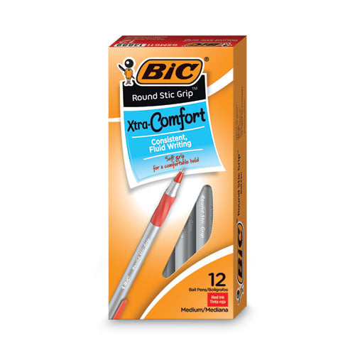 Round Stic Grip Xtra Comfort Ballpoint Pen, Easy-Glide, Stick, Medium 1.2 mm, Red Ink, Gray/Red Barrel, Dozen-(BICGSMG11RD)