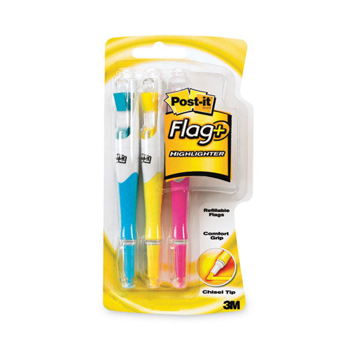 Flag+ Highlighter, Assorted Ink/Flag Colors, Chisel Tip, Assorted Barrel Colors, 3/Pack-(MMM689HL3)