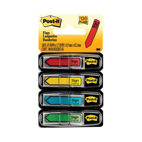 Arrow Message 0.5" Page Flags w/Dispensers, "Sign Here", Asst Primary, 30 Flags Dispenser, 4 Dispensers/Pack-(MMM684SH)