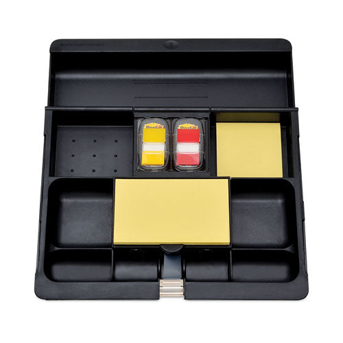 Recycled Plastic Desk Drawer Organizer Tray, 12 Compartments, 11.75 x 10.5  to 16 x 1.63, Black-(MMMC71)