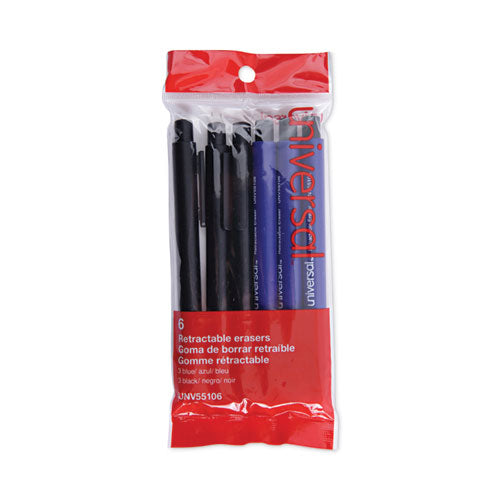 Pen-Style Retractable Eraser, For Pencil Marks, White Eraser, Assorted Barrel Colors, 6/Pack-(UNV55106)