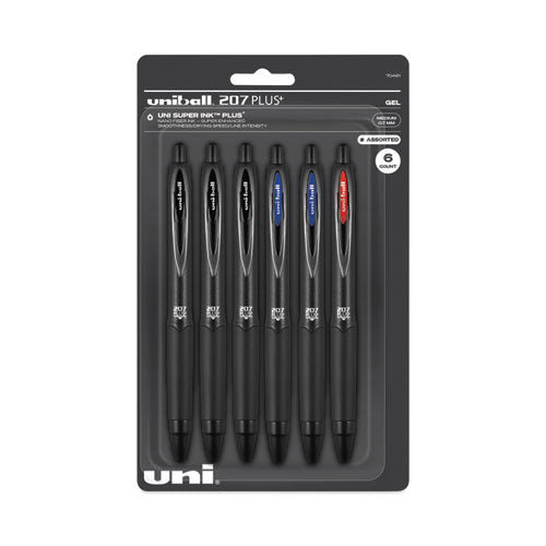 207 Plus+ Gel Pen, Retractable, Medium 0.7 mm, Assorted Ink Colors, Black Barrel, 6/Pack-(UBC70461)