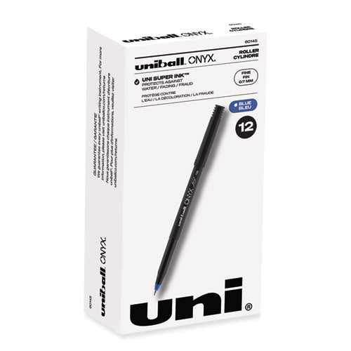 ONYX Roller Ball Pen, Stick, Fine 0.7 mm, Blue Ink, Black Matte Barrel, Dozen-(UBC60145)