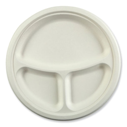 Bagasse PFAS-Free Dinnerware, 3-Compartment Plate, 10.24" dia, White, 500/Carton-(RPPPL11NPFA)