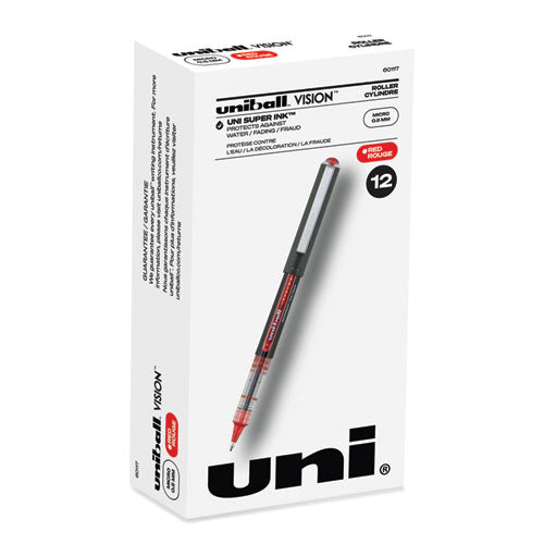 VISION Roller Ball Pen, Stick, Micro 0.5 mm, Red Ink, Gray/Red Barrel, Dozen-(UBC60117)