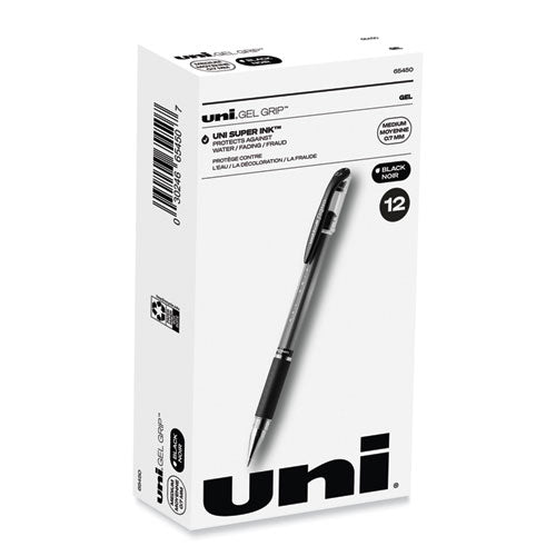 Signo GRIP Gel Pen, Stick, Medium 0.7 mm, Black Ink, Silver/Black Barrel, Dozen-(UBC65450)
