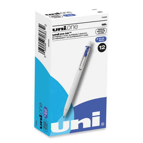 uniONE Gel Pen, Retractable, Medium 0.7 mm, Blue Ink, White Barrel, Dozen-(UBC70363)