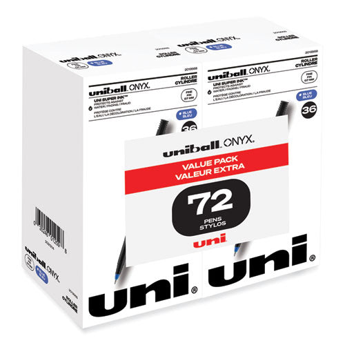 ONYX Roller Ball Pen, Stick, Fine 0.7 mm, Blue Ink, Black Matte Barrel, 72/Pack-(UBC2013568)