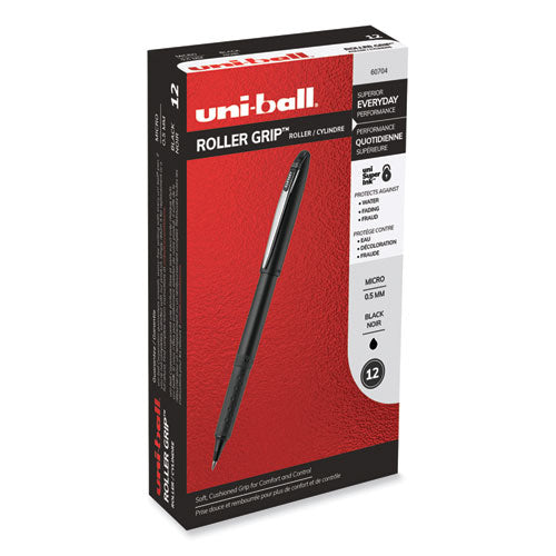 Grip Roller Ball Pen, Stick, Micro 0.5 mm, Black Ink, Black Barrel, Dozen-(UBC60704)