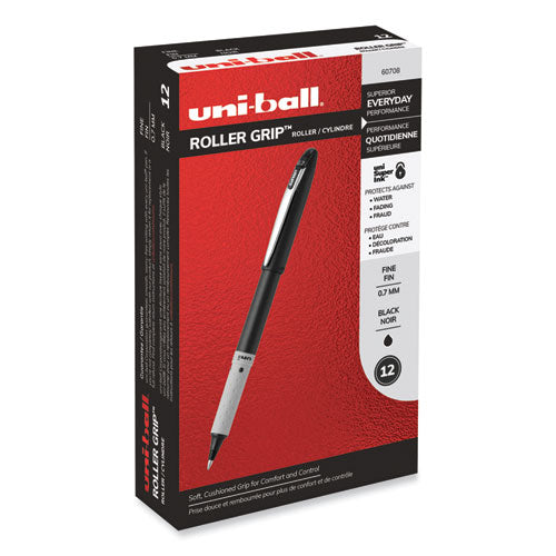 Grip Roller Ball Pen, Stick, Fine 0.7 mm, Black Ink, Black Barrel, Dozen-(UBC60708)