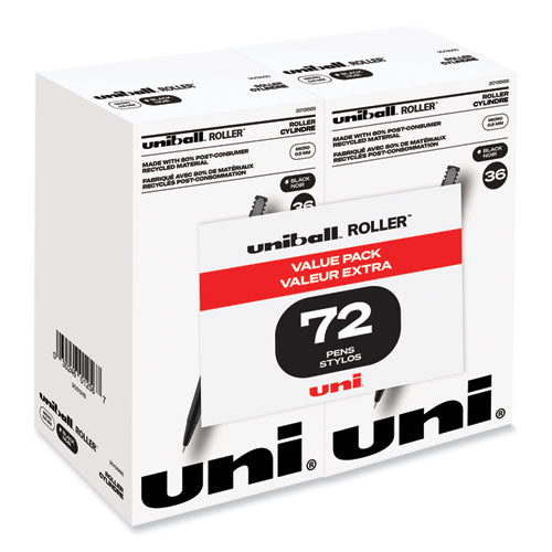 Roller Ball Pen, Stick, Micro 0.5 mm, Black Ink, Black Barrel, 72/Pack-(UBC2013565)